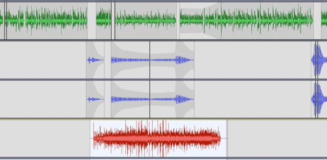 Four bands of soundwaves as seen on a computer