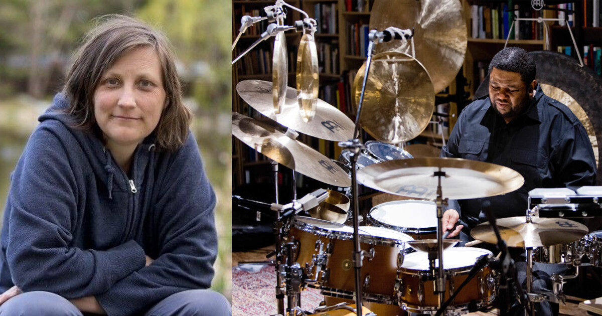 Two people, one sitting in the woods and the other playing the drums. 