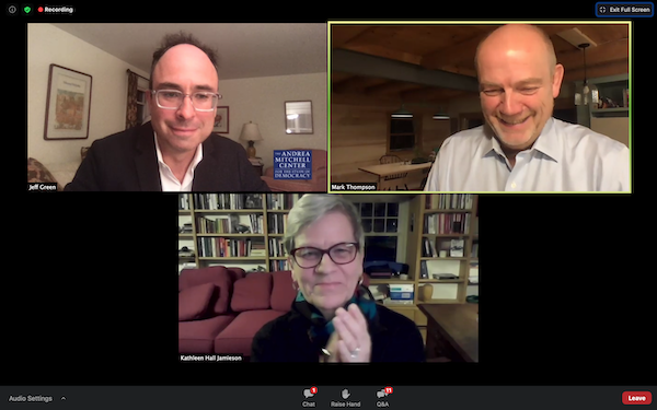 Screen shot of Zoom call featuring three people.