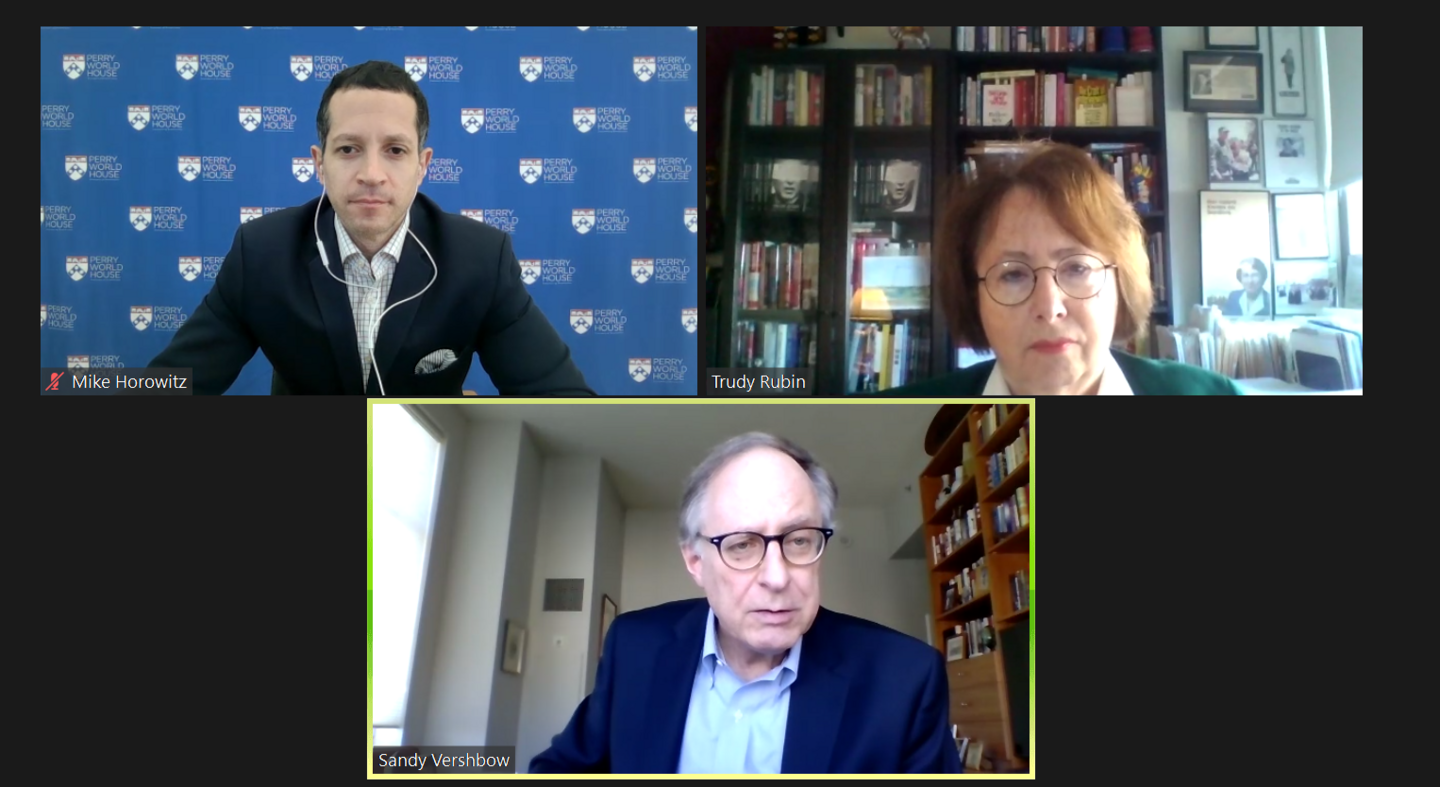 Three people in a Zoom meeting, a man with a blue background and the Penn shield on the upper left, a woman with bookcases behind her on the upper right and a man in the center bottom with a bookshelf to his left.