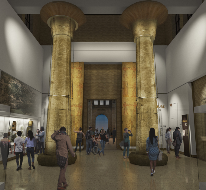 Illustration of museum gallery with tall columns and cases with artifacts