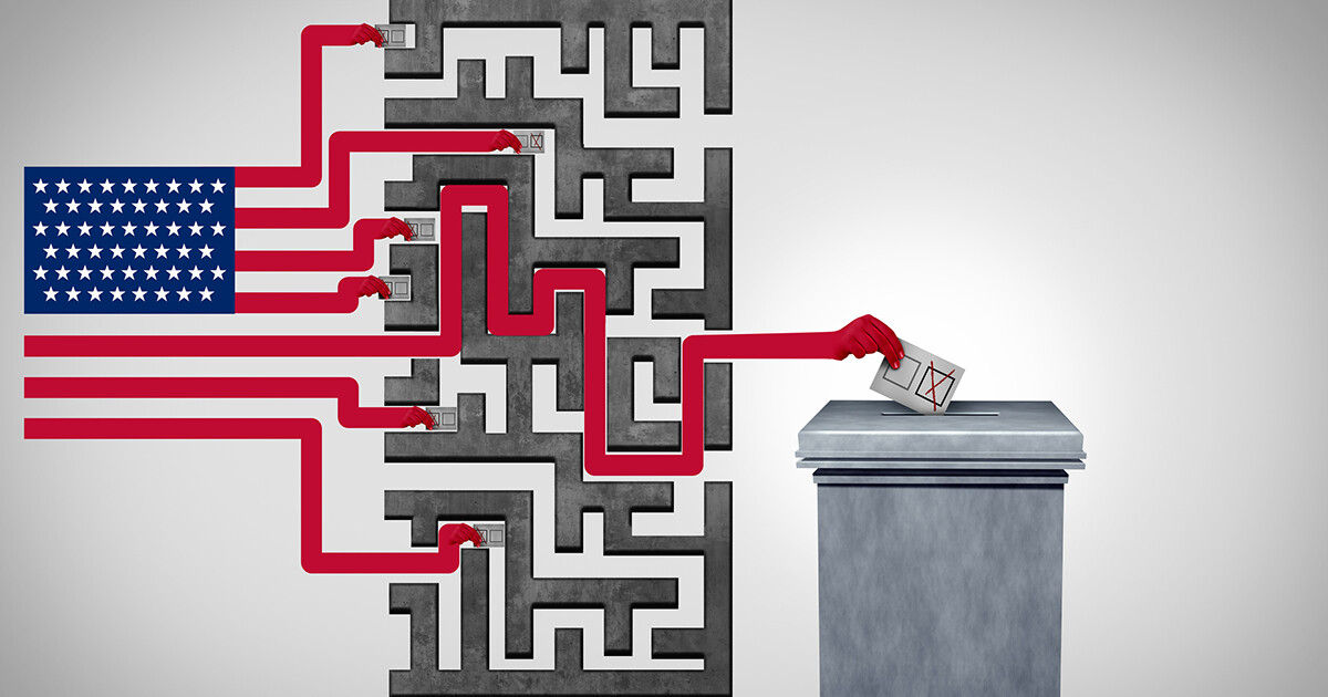An illustration of an American flag shows the stripes separating into a maze and one winding up at a ballot box