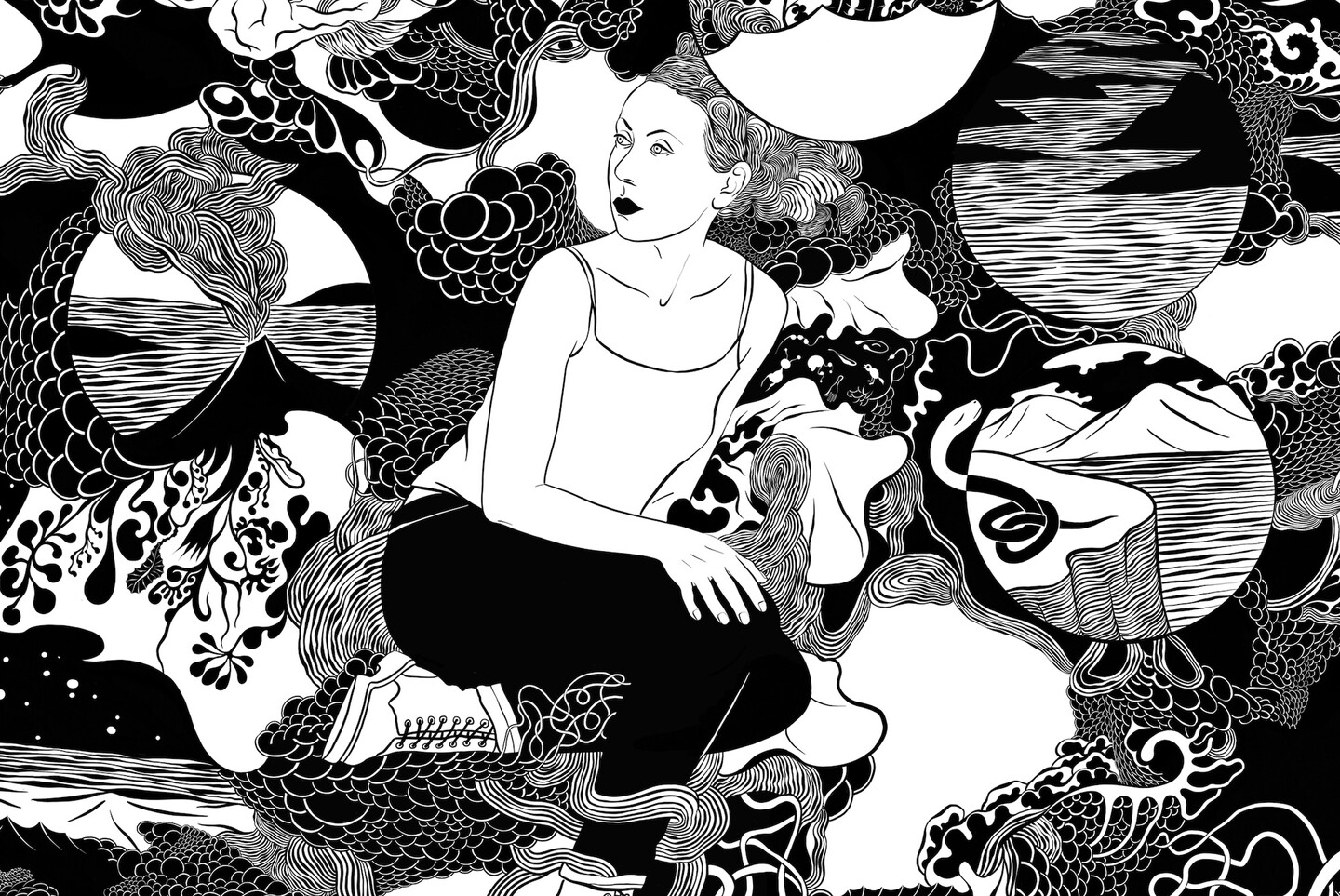 A black-and-white illustration with many lines and circles and a person sitting in the middle.