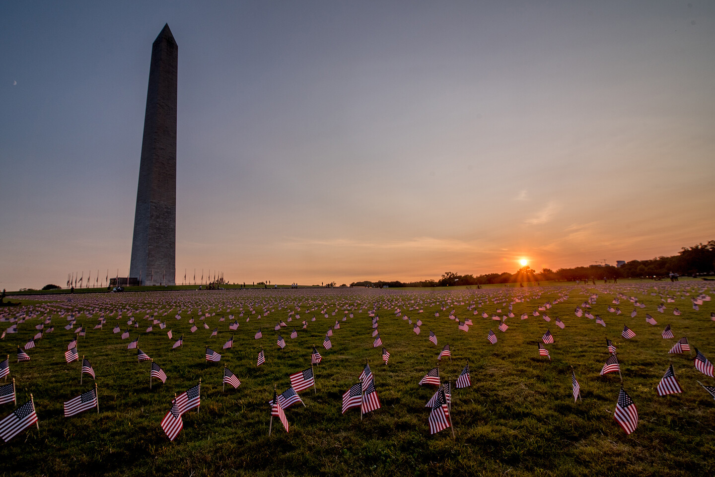 washington memorial with flags