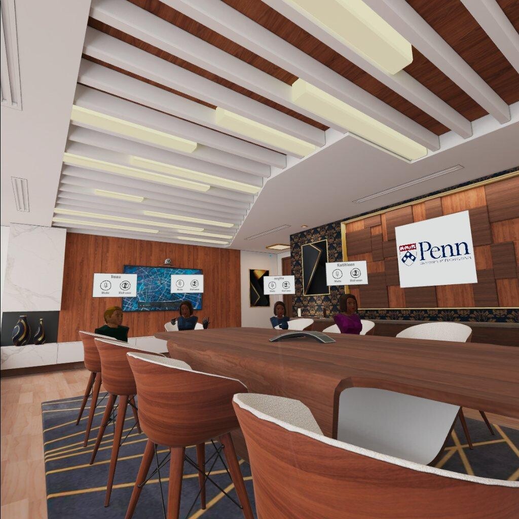 In virtual reality, students' avatars sit at the end of a long time, with their names above their heads.