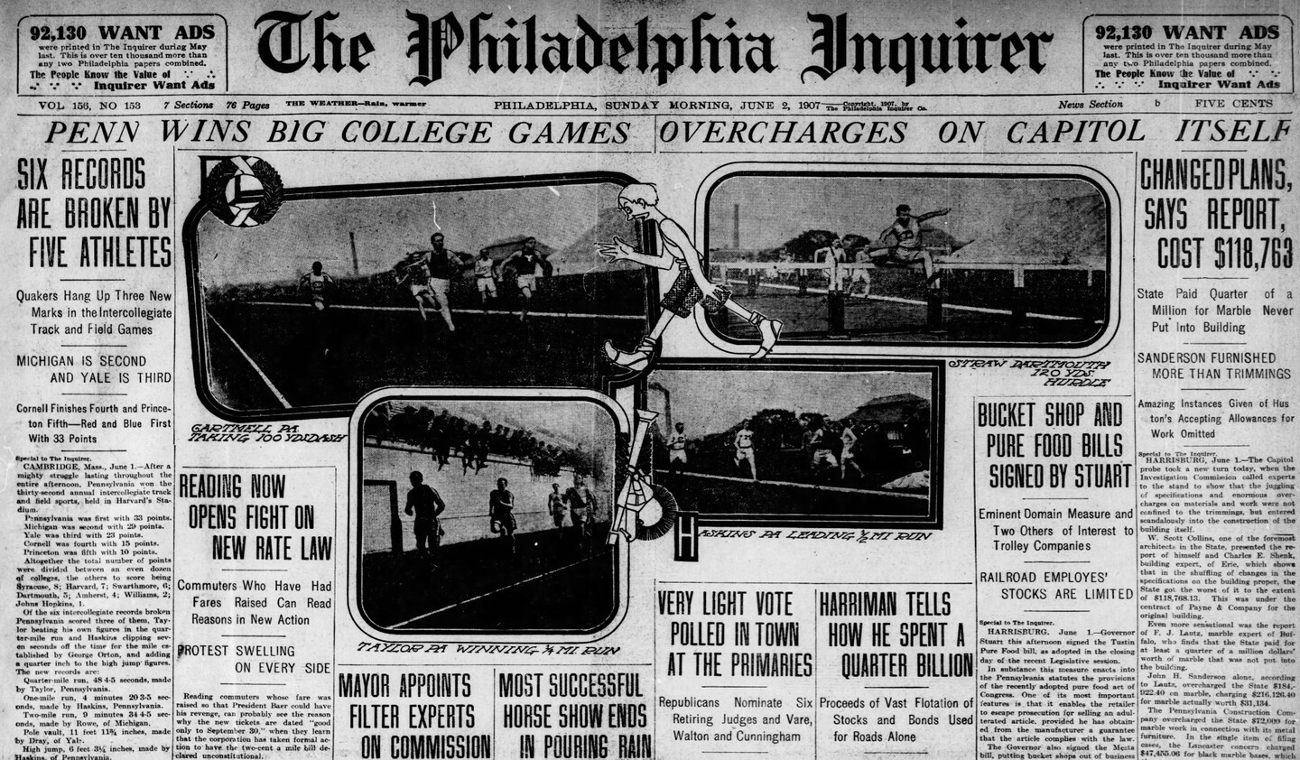 A newspaper show the front page of the June 2, 1907, edition of the Philadelphia Inquirer.