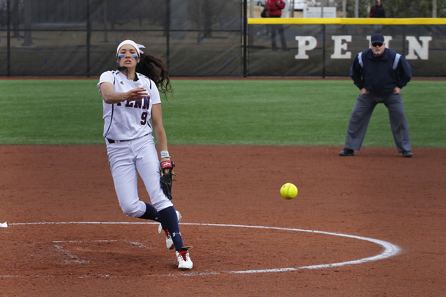 After leaving Borden's hand, the ball flies toward the batter.