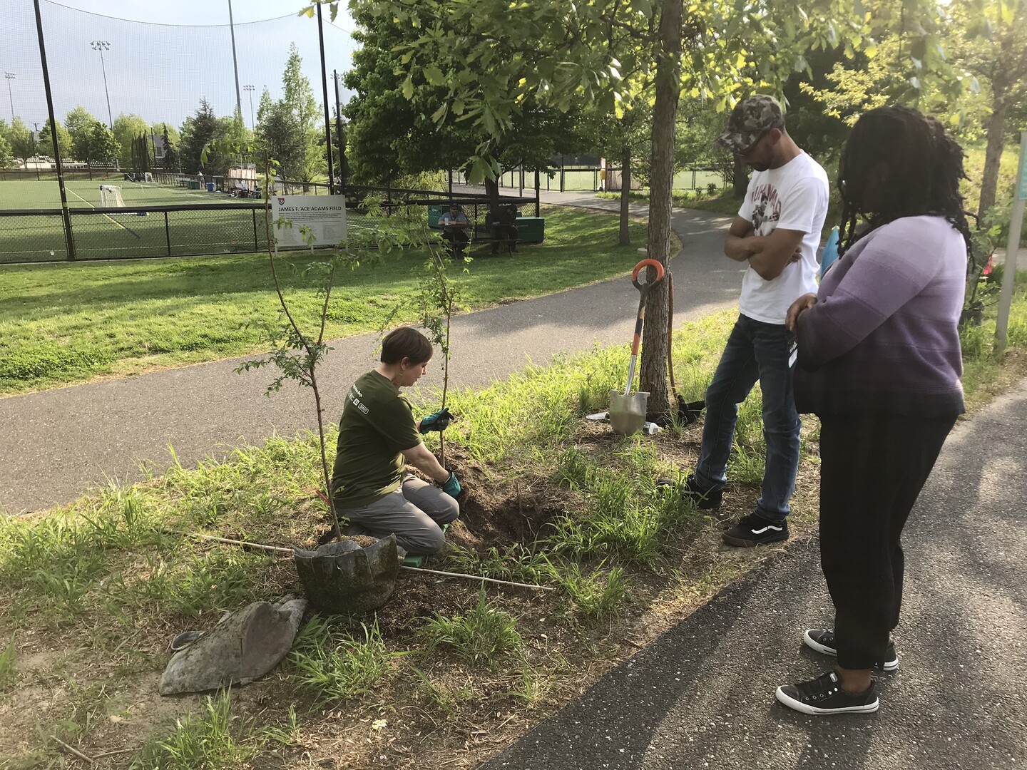 A person kneeling plants a tree as two people look on