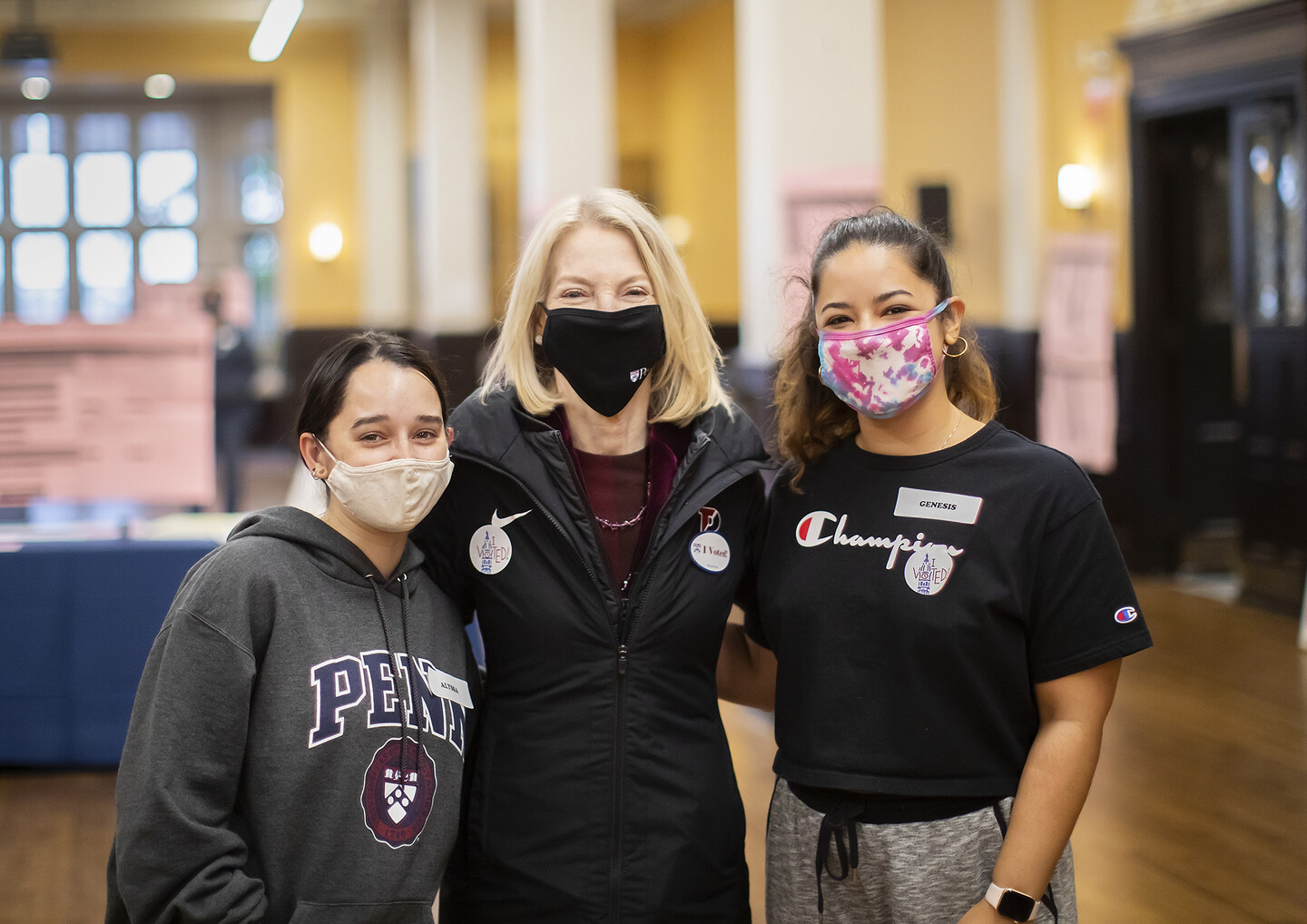 amy gutmann in houston hall with students on election day