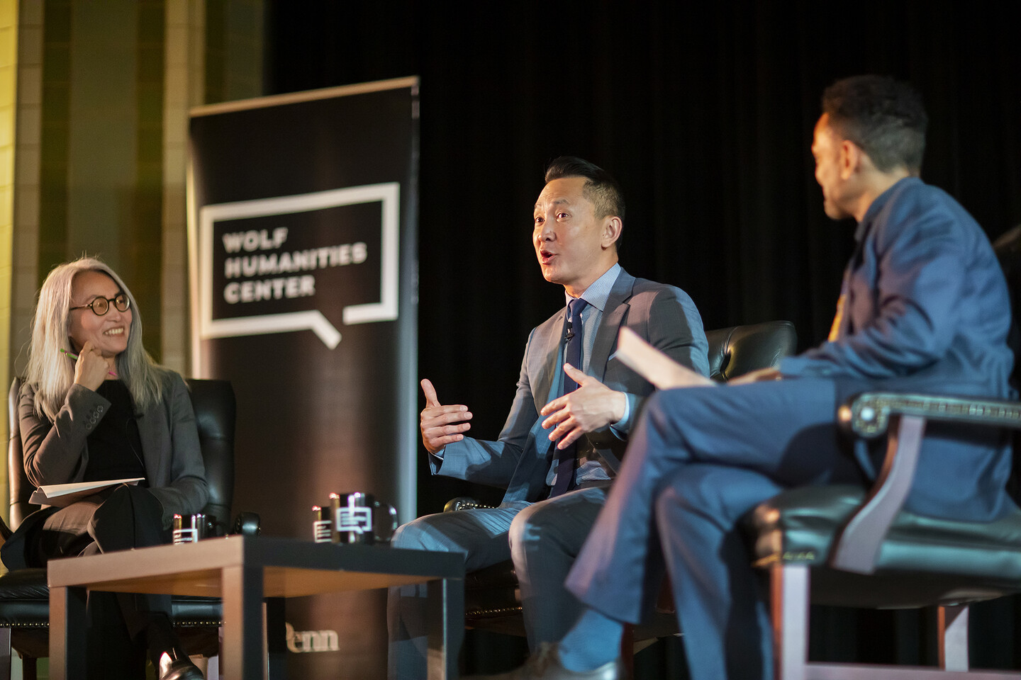 Josephine Park, Viet Thanh Nguyen, and Dagmawi Woubshet animatedly converse