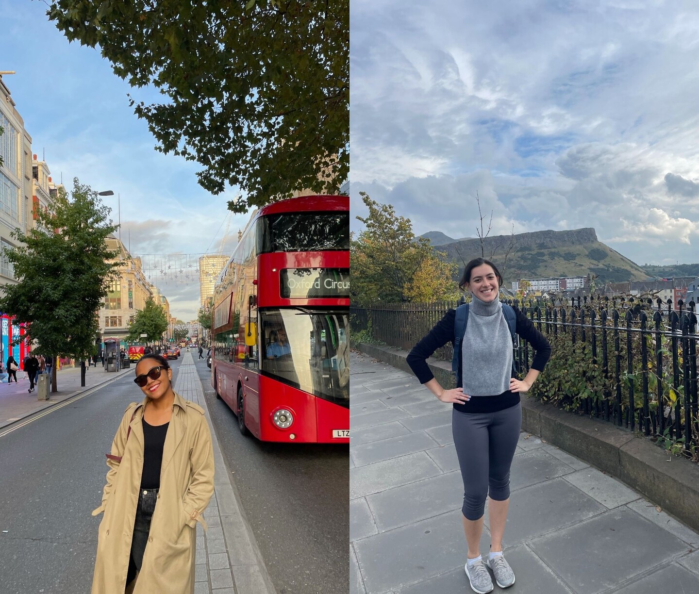 Railyn Diaz (left) on a street in London, and Mariana Velasco standing on a walkway in Scotland.