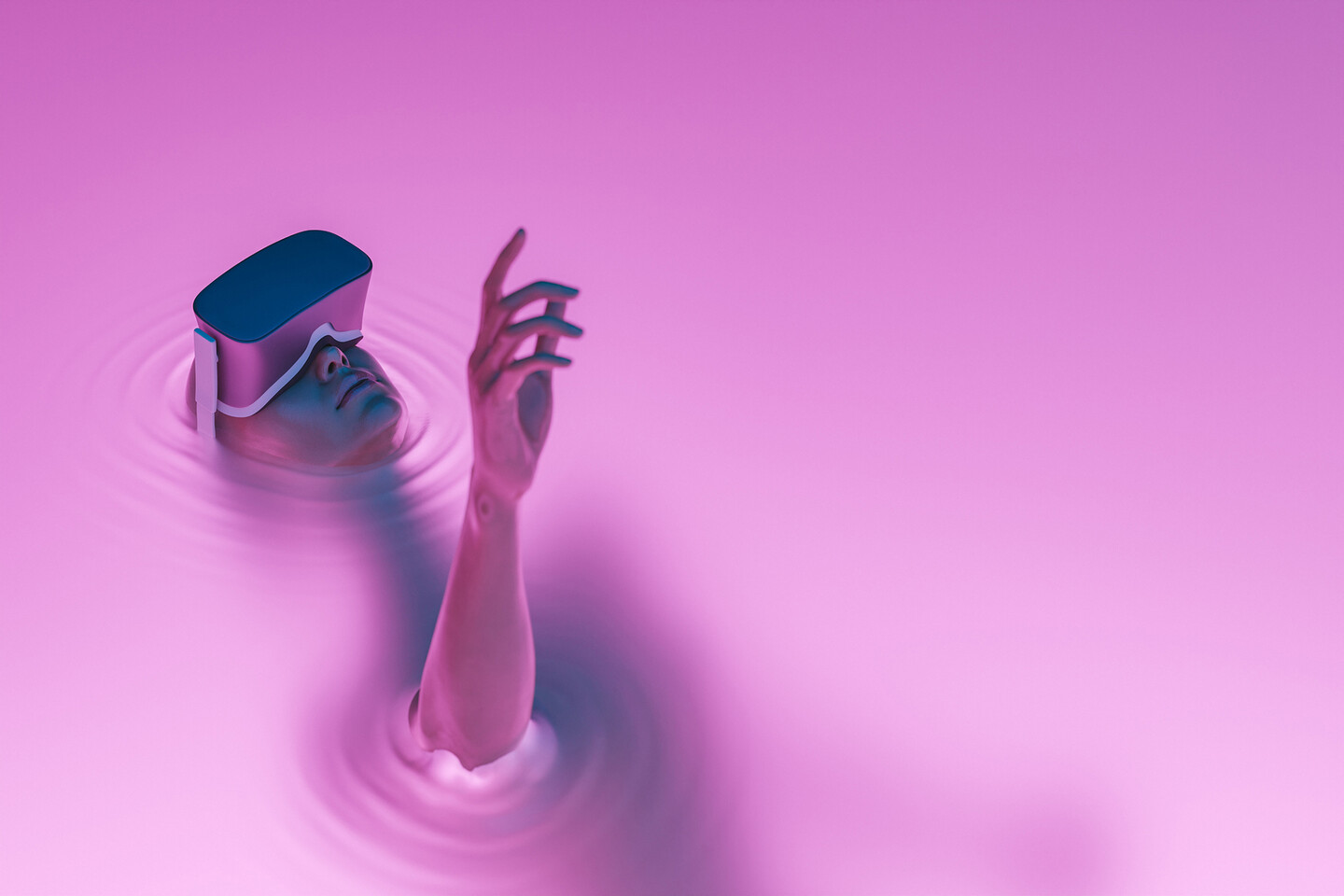 Computer generated image of person with virtual reality headset on.