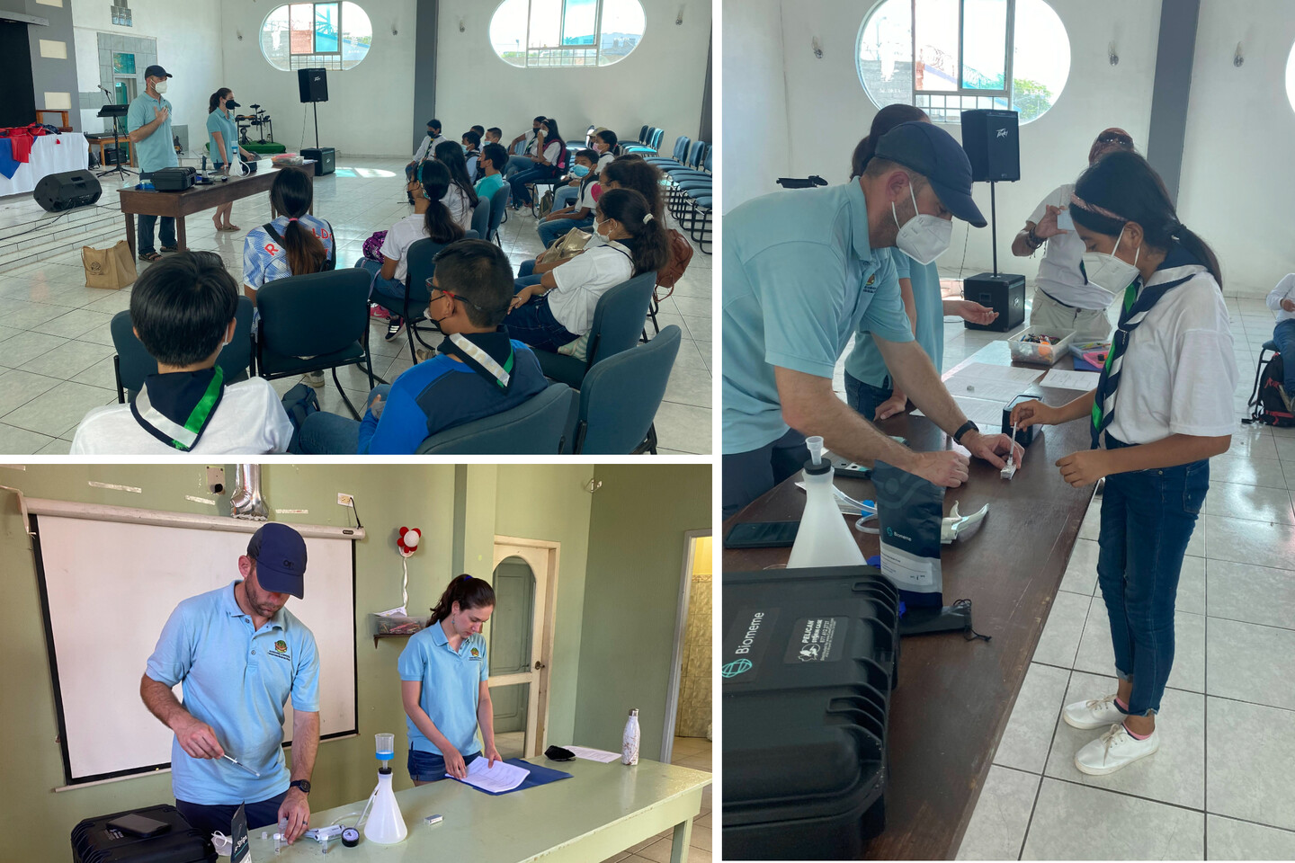 Collage of images show scientists preparing and then working with students to do a water quality test