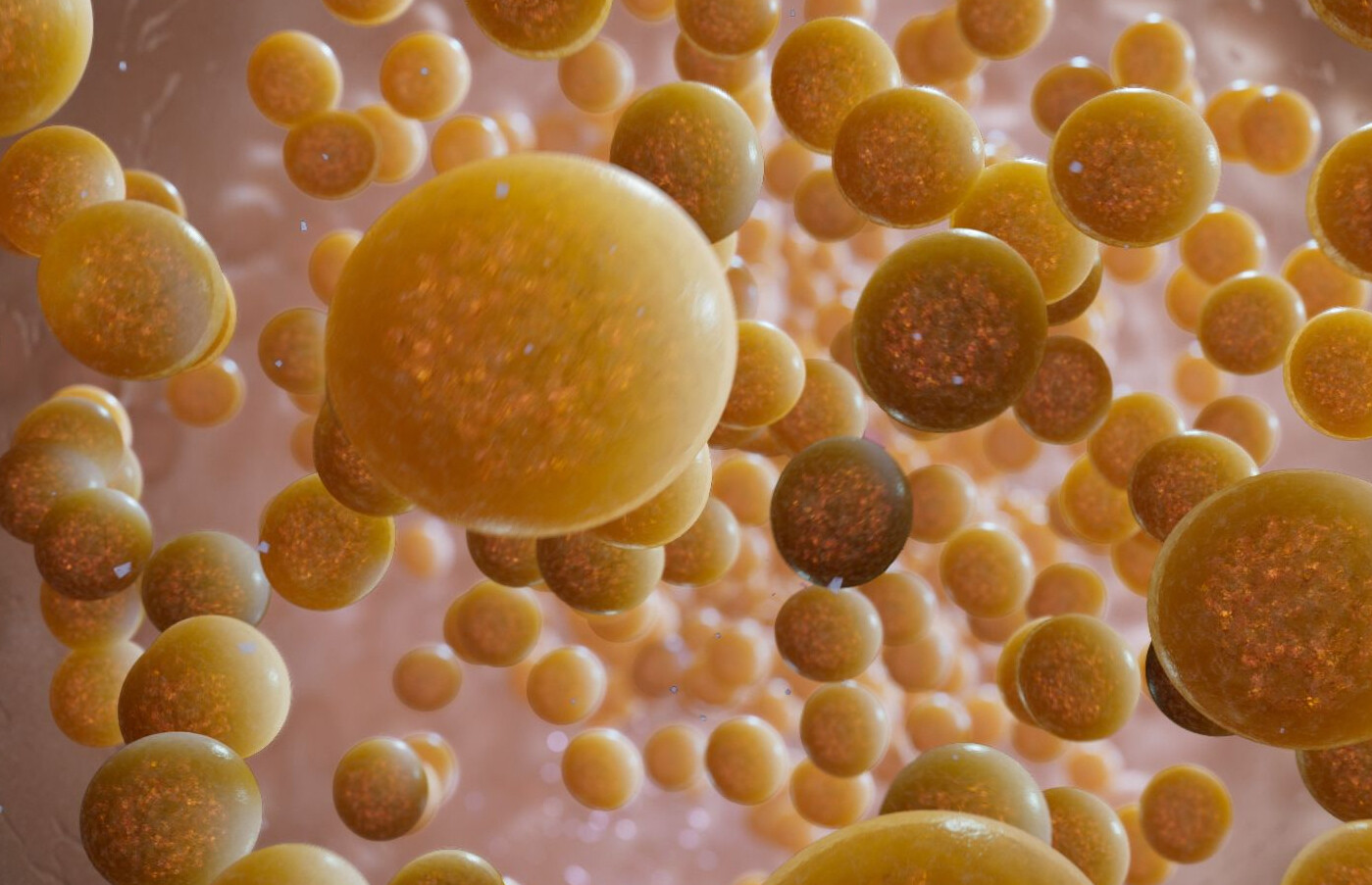 Lots of gold blobs, some larger and closer to the front of the image, some smaller and farther away, on a pinkish background.