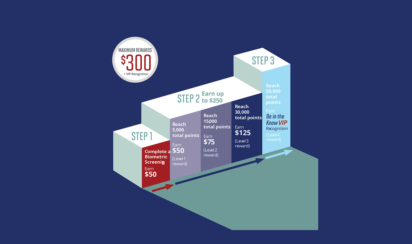A graph of the three steps to achieve the maximum $300 reward for accumulating points.