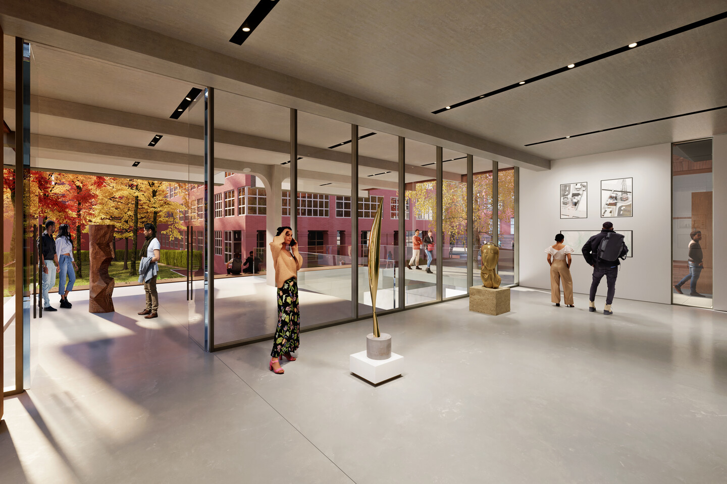 drawing of a glass-walled exhibition space