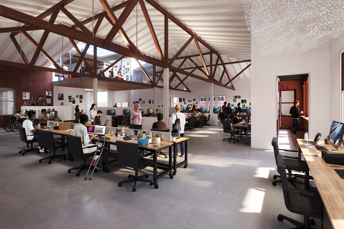 drawing of open space with beamed ceilings