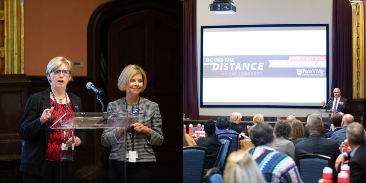 Left: Maureen Rush and Pat Sullivan at a podium in Houston Hall. Right: Craig Carnaroli at the podium.