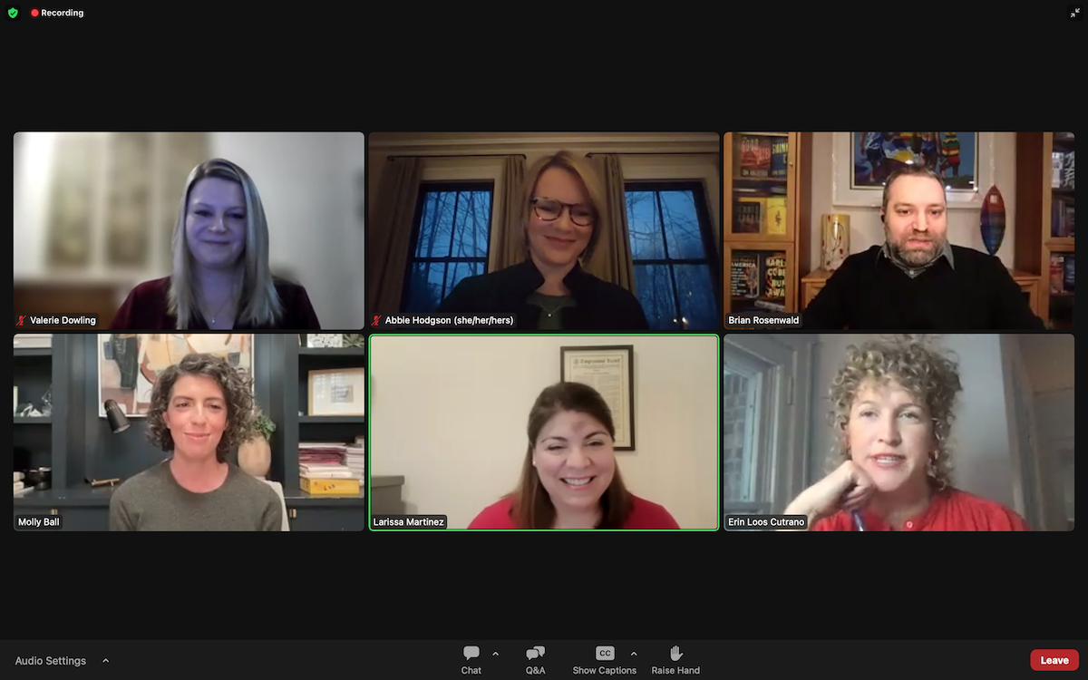 A zoom screen shows six smiling people in different boxes.