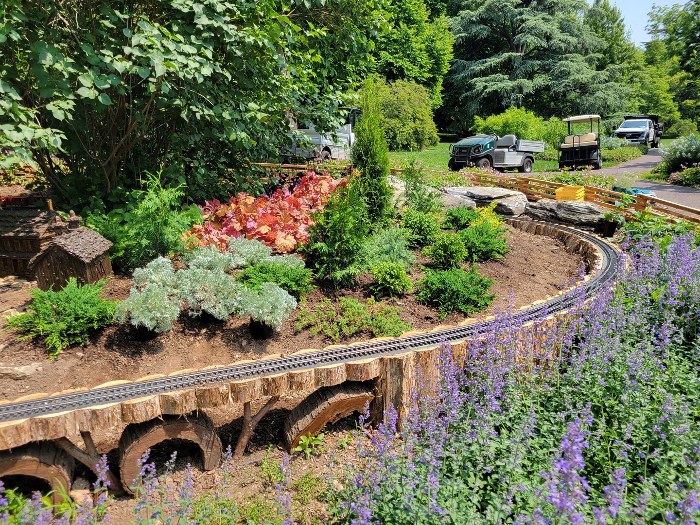 A miniature rail track surrounded by conifers and other foliage. 