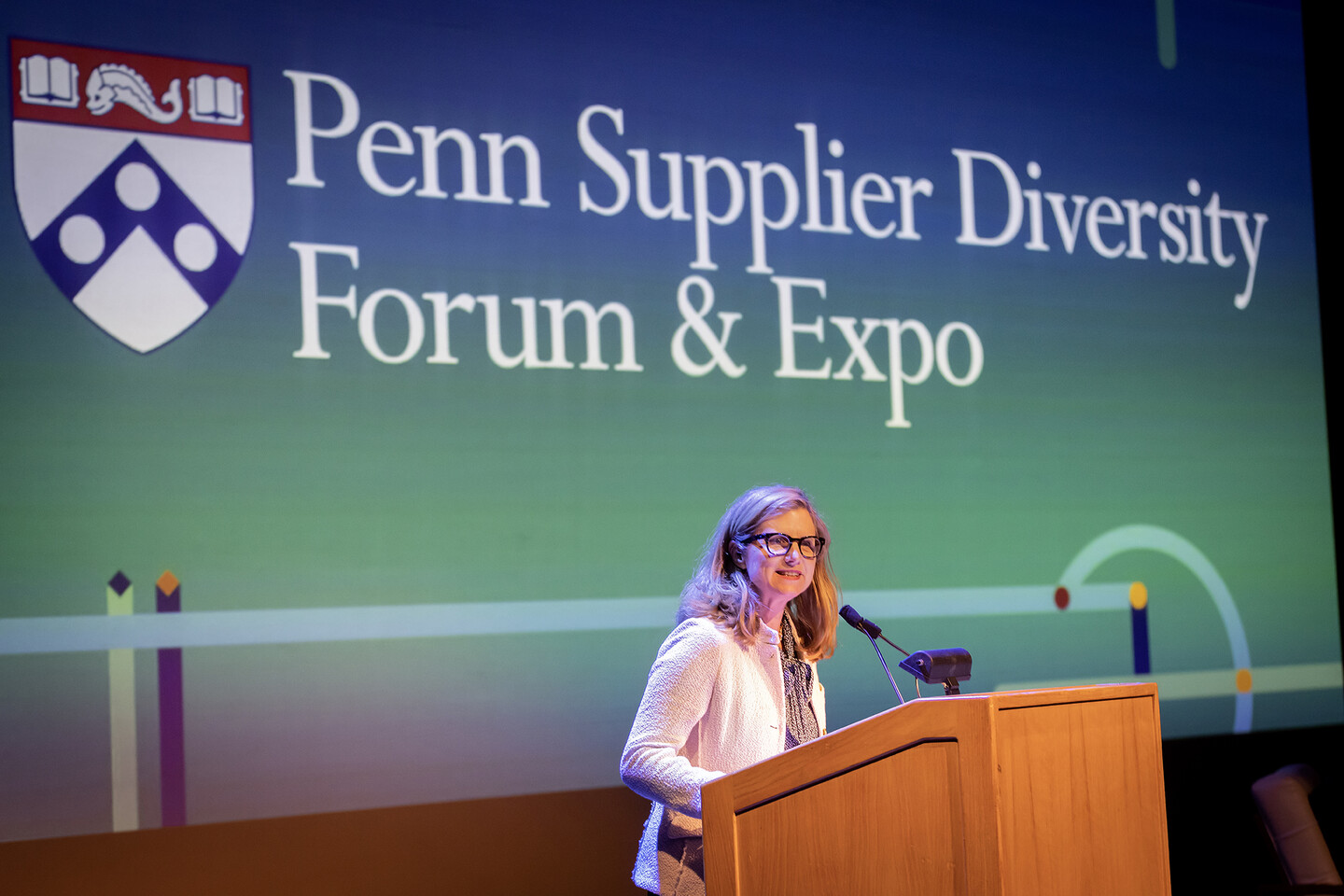 Liz Magill on stage at the Penn Supplier Diversity Forum & Expo.