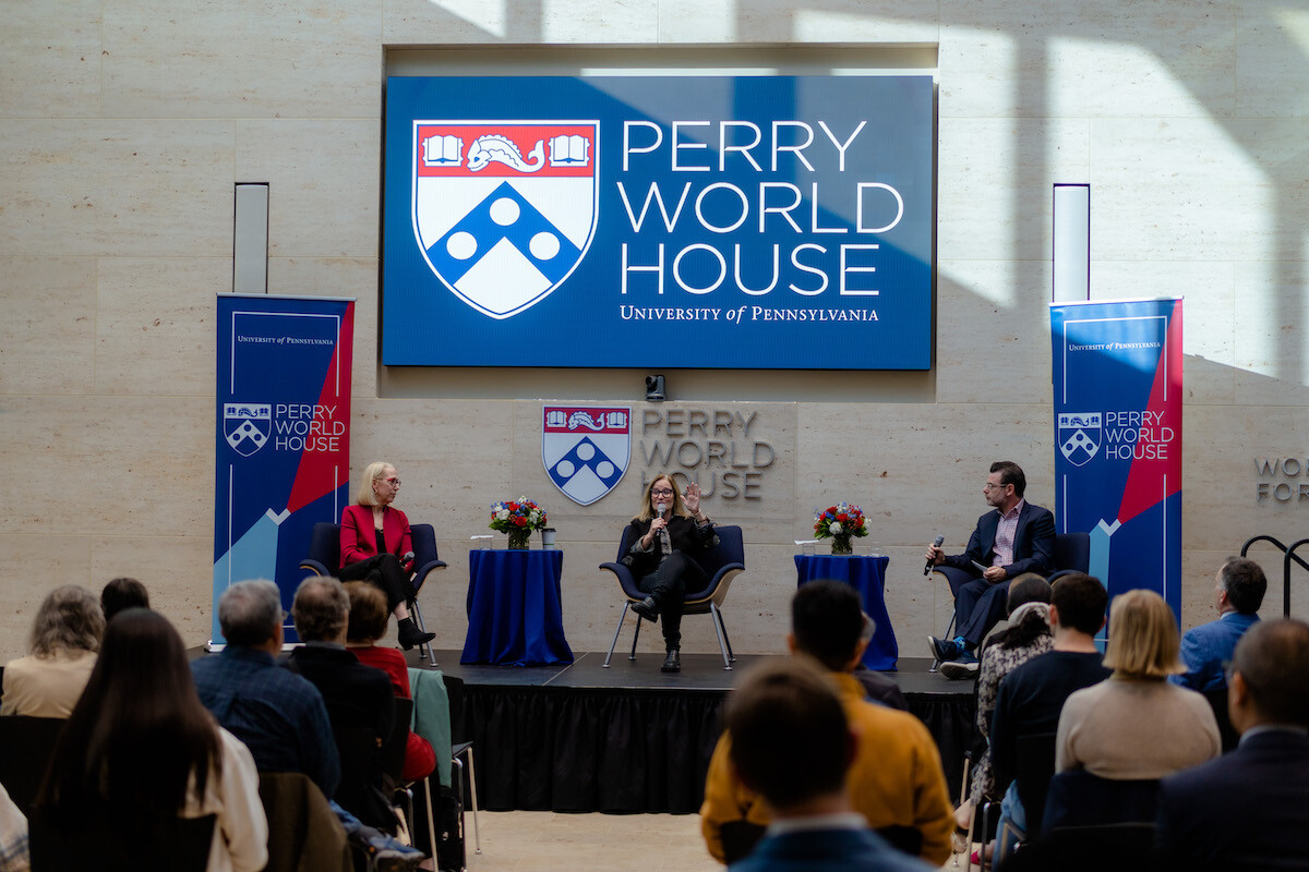 On stage at Perry World House: Bryan Bender (right), Rachel Bronson (center),  and and Joan Rohlfing,