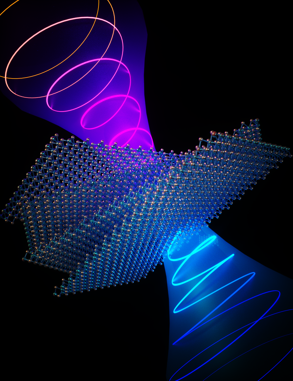 Artist interpretation of light spiralling through twisted sheets of 2D tungsten sulfide atomic sheets.