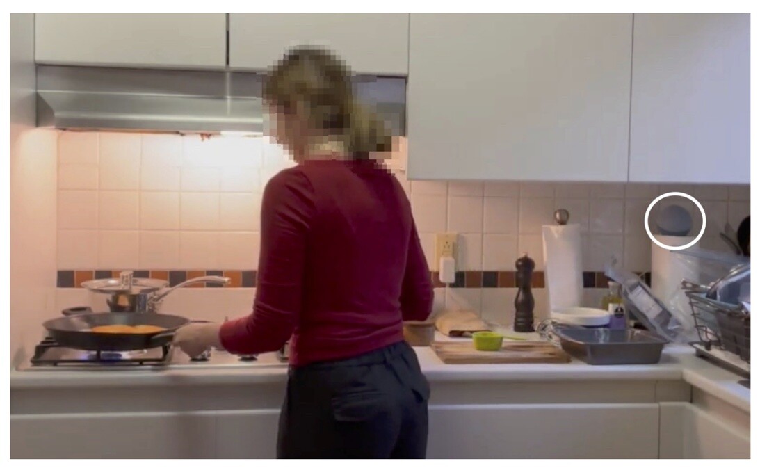 Photograph of a person cooking in a kitchen. An Amazon Alexa is in frame and circled 