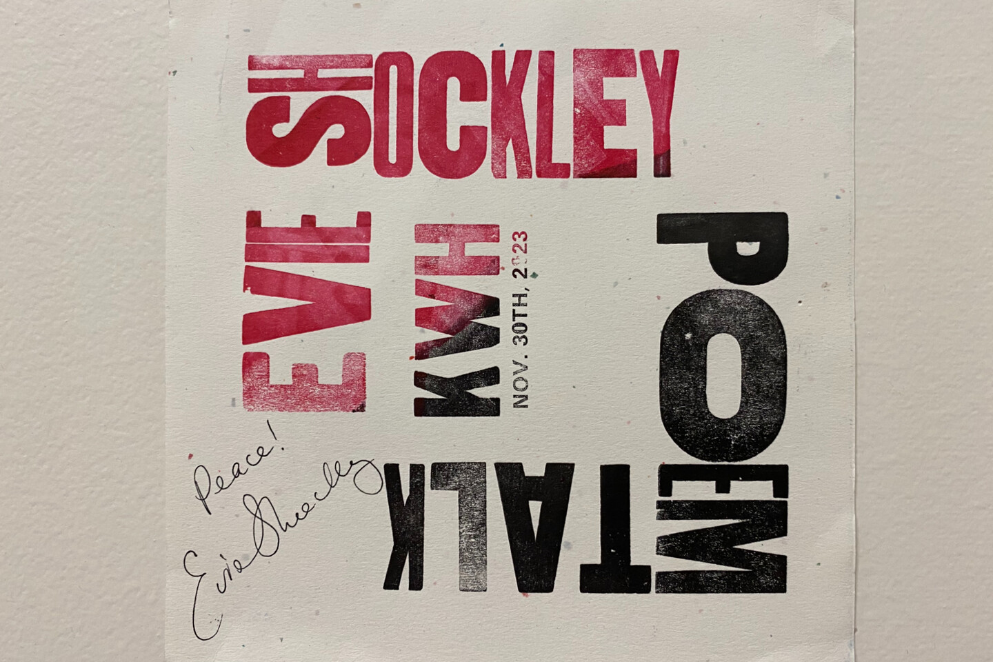hand-printed card Evie Shockley KWH PoemTalk Nov. 30 2023