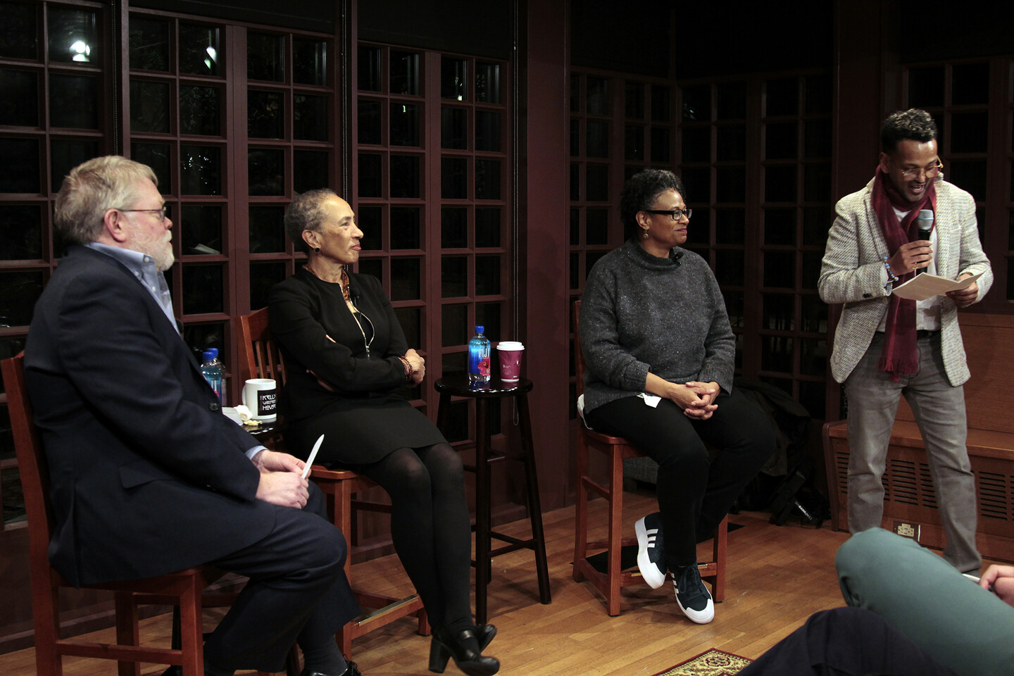 Nolen, Lorene Cary, Finister, and Dag Woubshet speaking at Kelly Writers House.