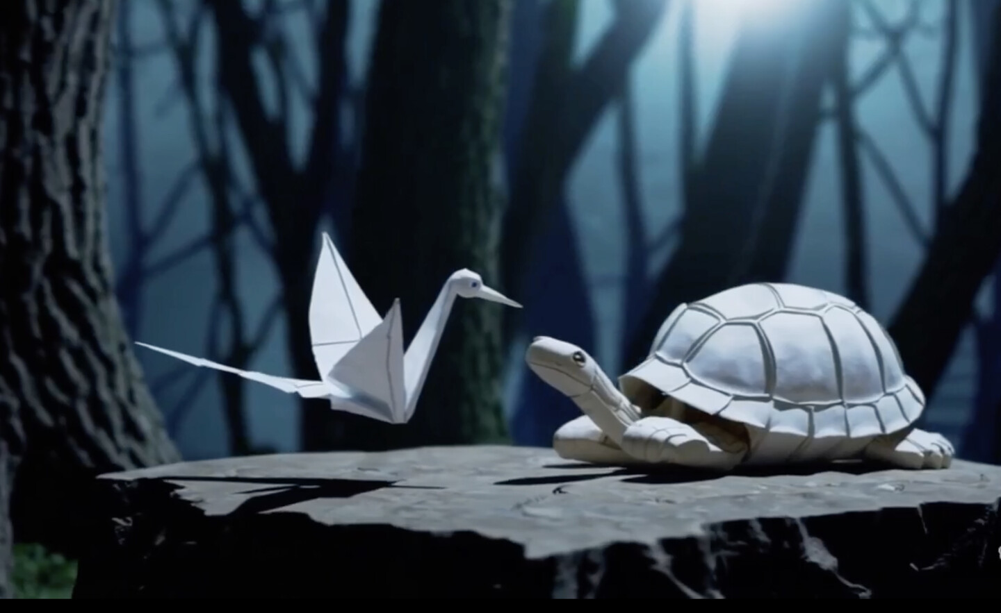 an animation of a paper crane and a turtle