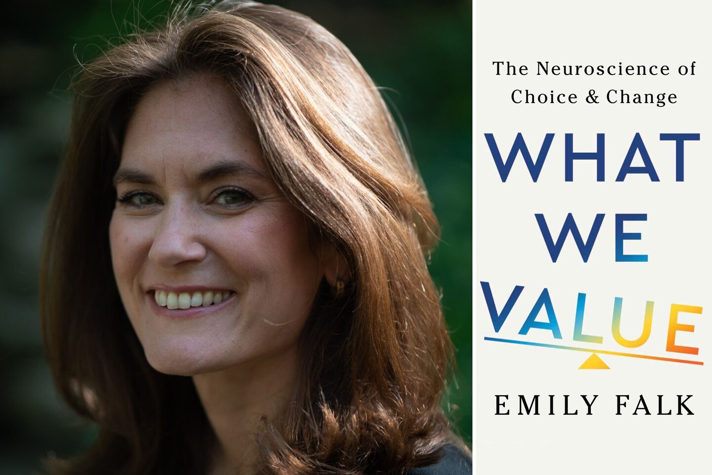 Headshot of Emily Falk next to cover of book.
