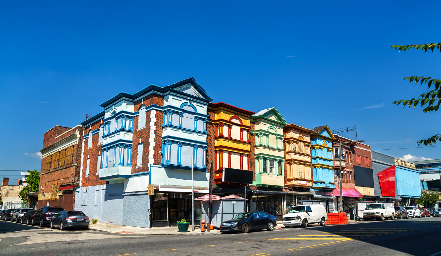 A row of commercial buildings in West Philadelphia in Pennsylvania, United States