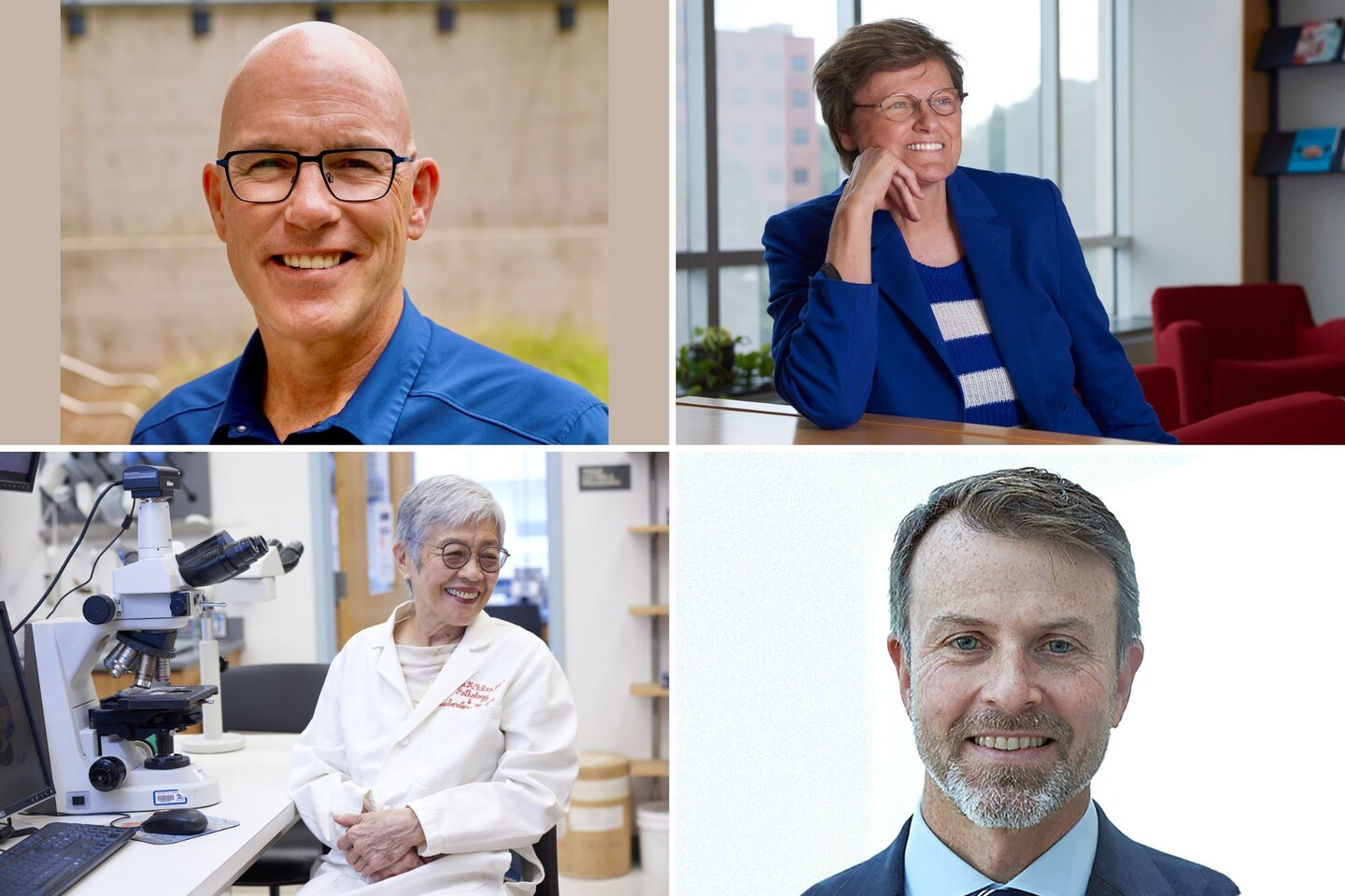 Four headshots of Penn Faculty. Top left tile clockwise: Mark Devlin, Katalin Karikó, E. John Wherry III, and Virginia M.Y. Lee
