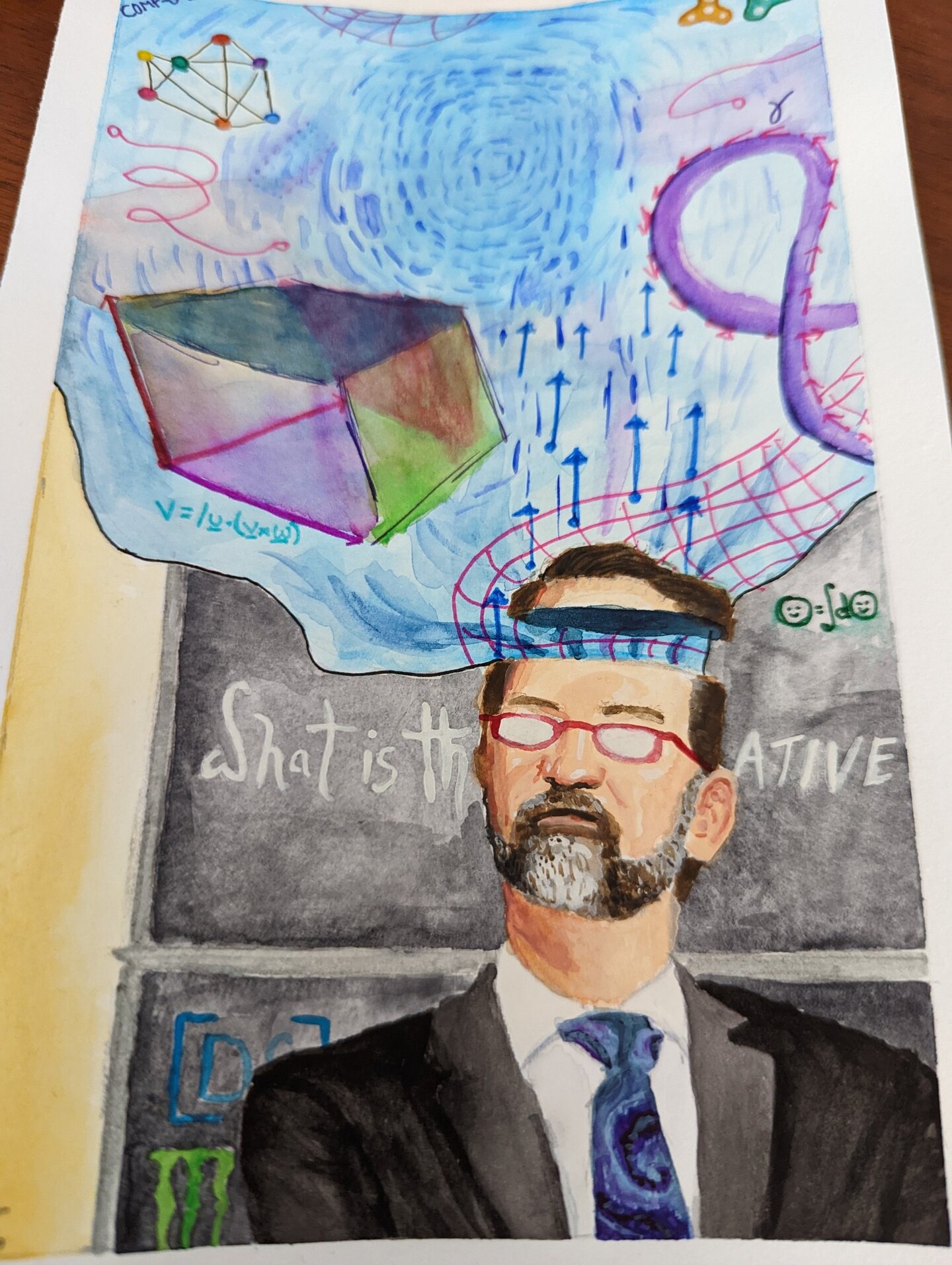 A watercolor artwork depicting Rob Ghrist and mathematical equations.