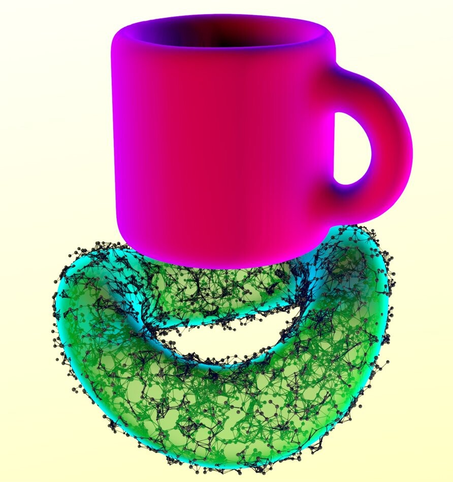 A digital illustration of a bright magenta coffee cup rendered atop a green torus covered in a black network of points and edges.