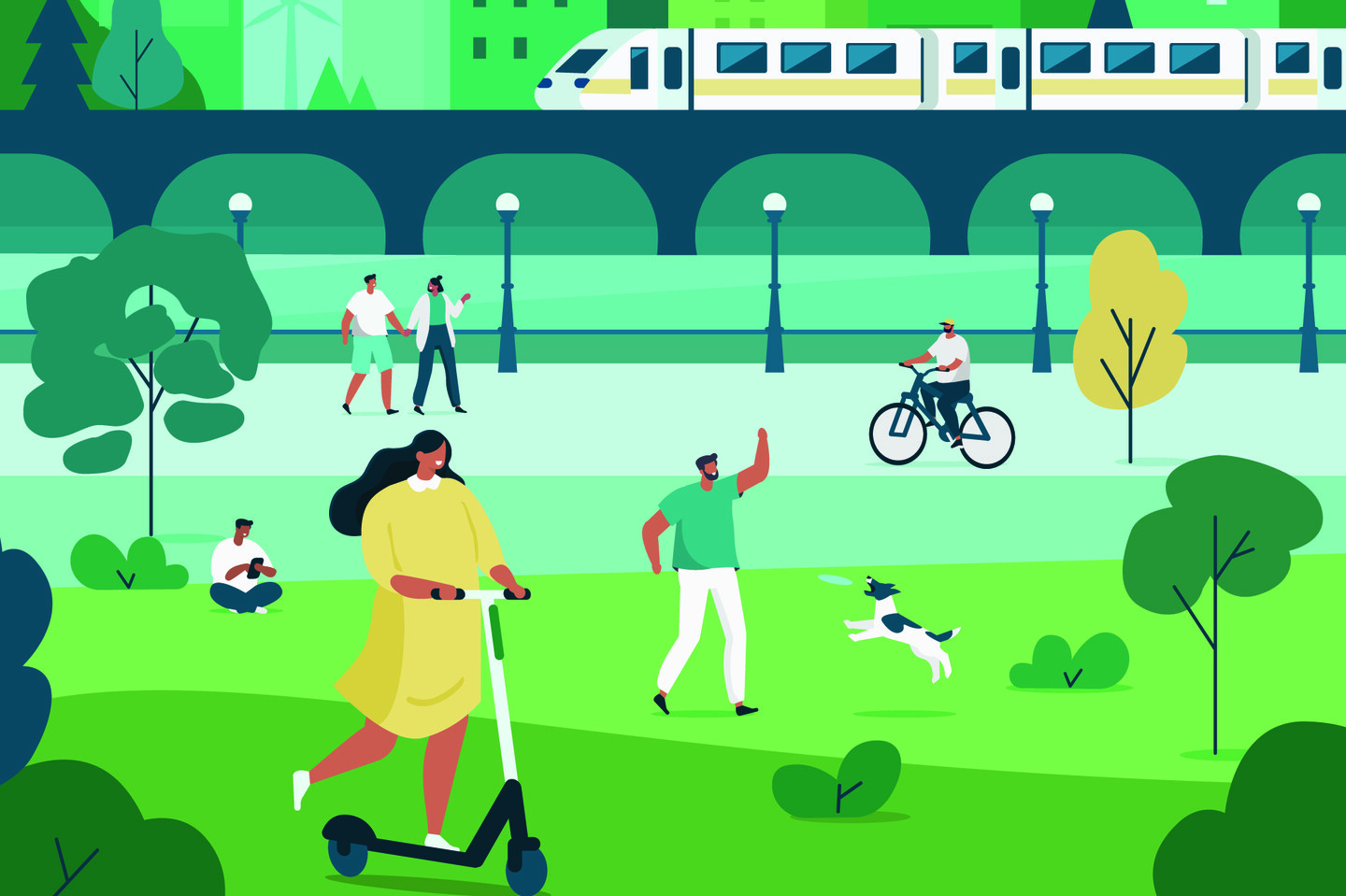 Drawing of people in park.