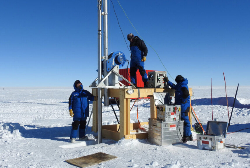 A three-person crew in the Antarctic.