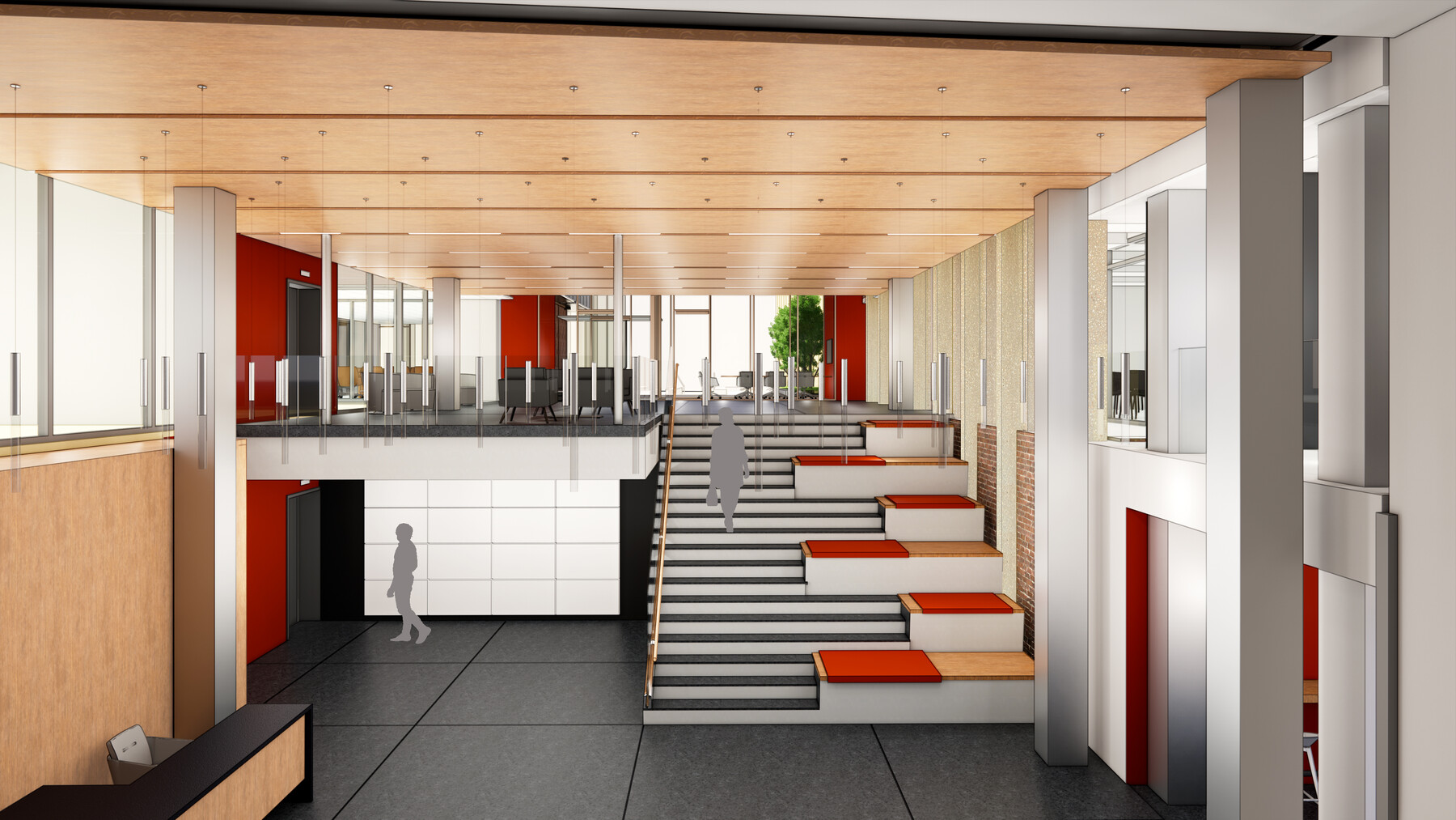 two-story lobby with stairs 