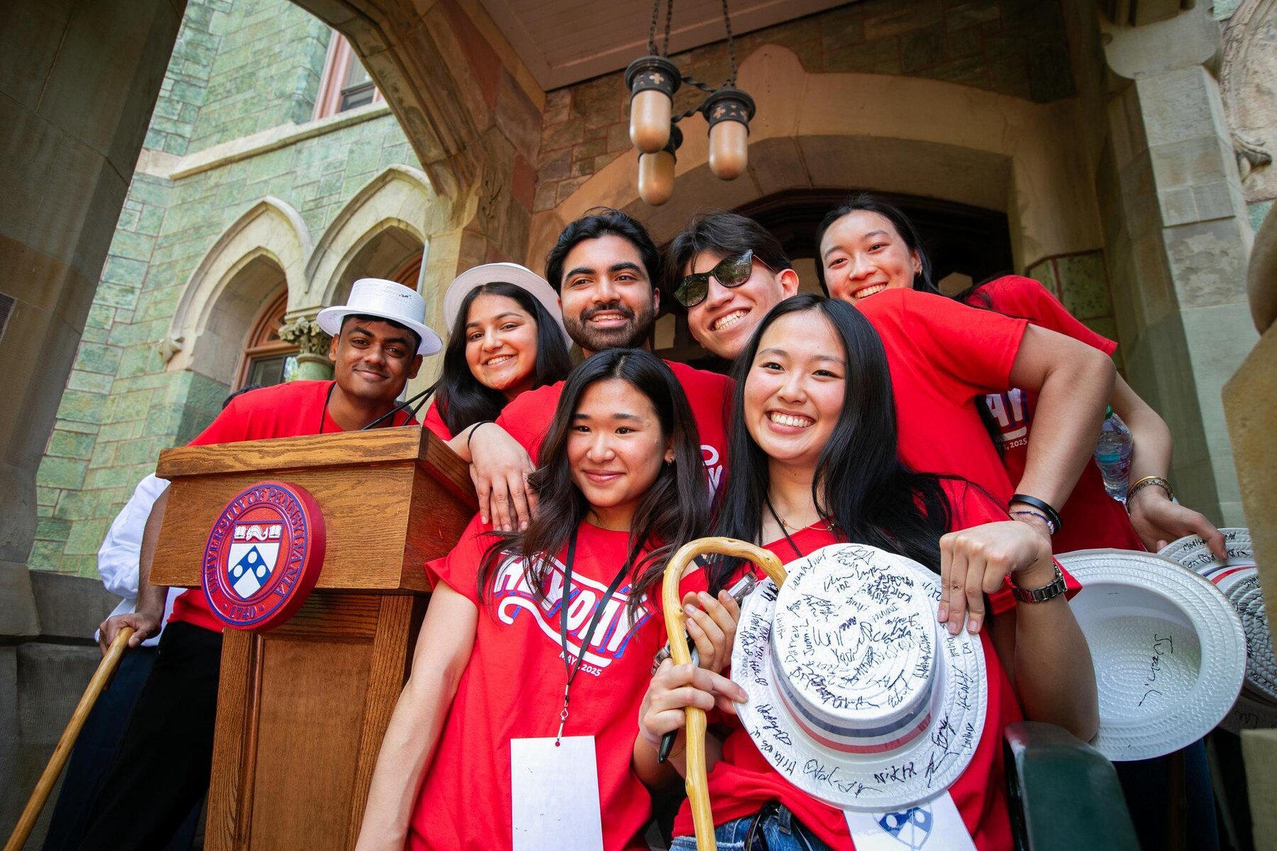 Penn students on the steps of College Hall during Hey Day.