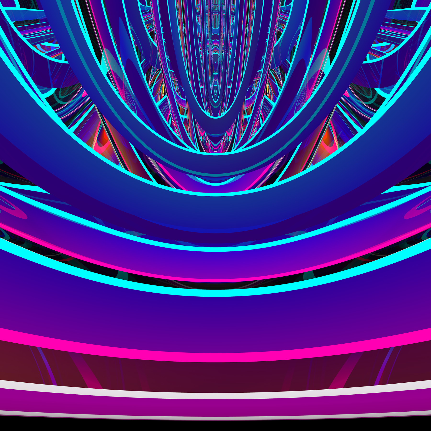 Bright neon-blue and magenta tubular arches curve inward in a repeating, multidimensional tunnel against a dark background