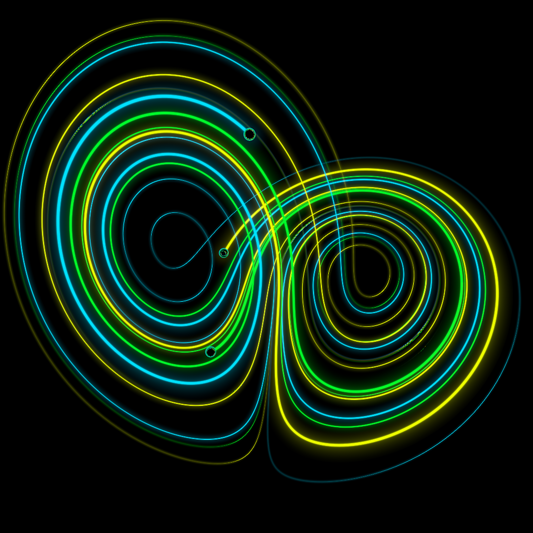 Three neon‑colored trajectories on the Lorenz attractor looping around its twin lobes, each starting from a slightly different initial point