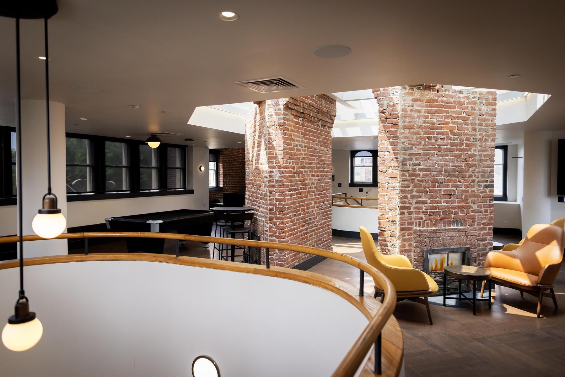 The bright interior of a common area in a dorm in the Quadrangle.