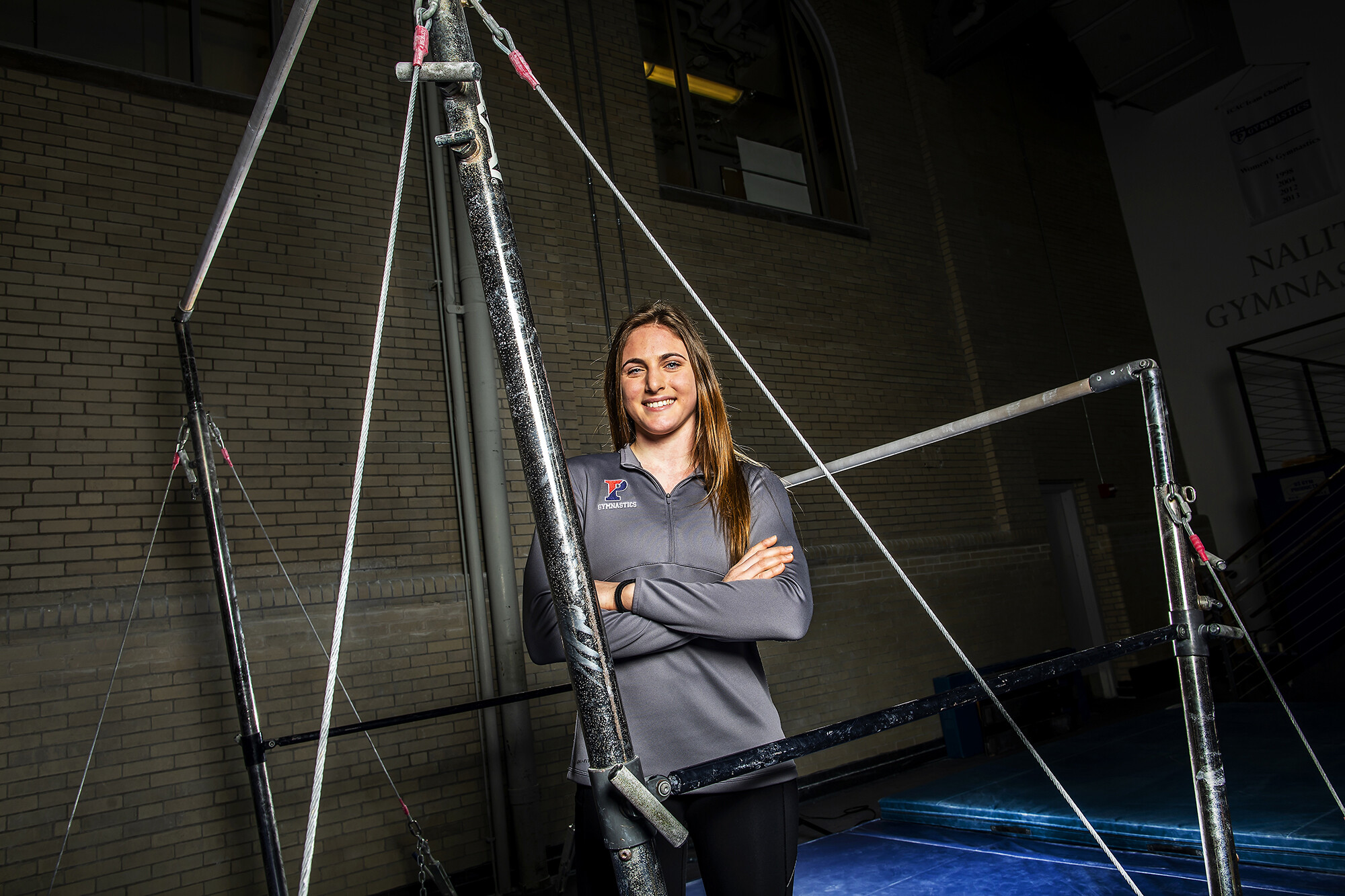 Sophomore gymnast Jordan Mannino poses in Hutchinson Gym.