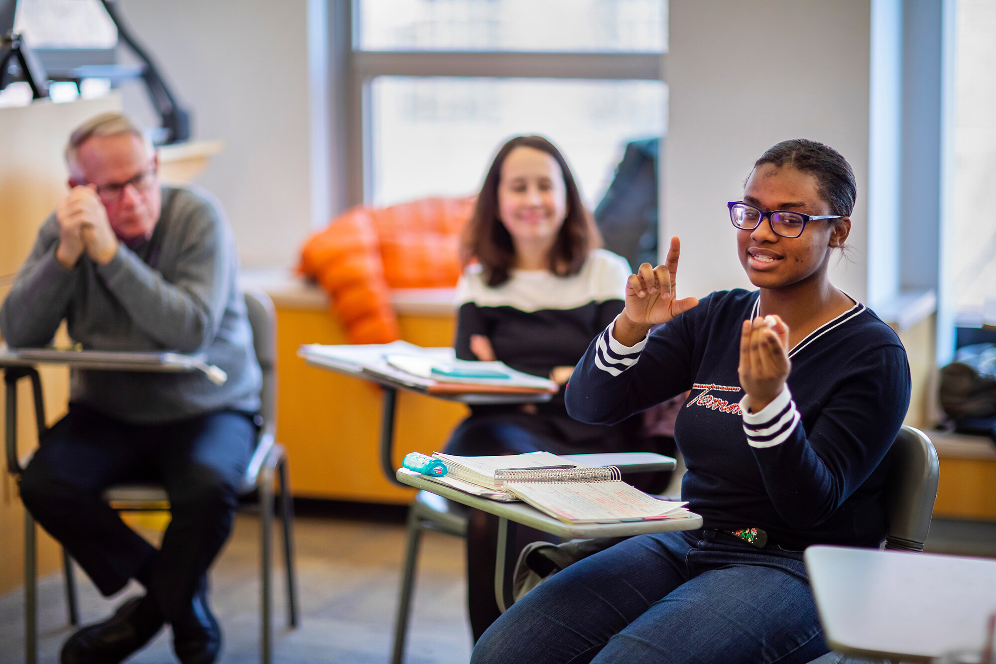 Chris Satullo, Lia Howard, and Surayya Walters in class