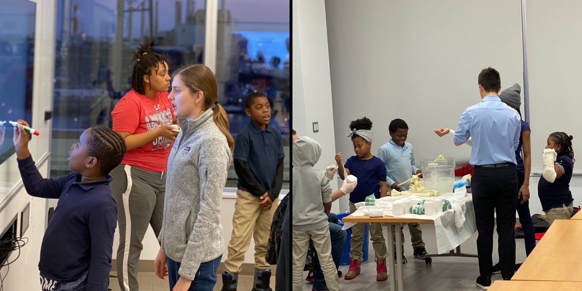 Volunteers in elementary schools stand and assist with students.