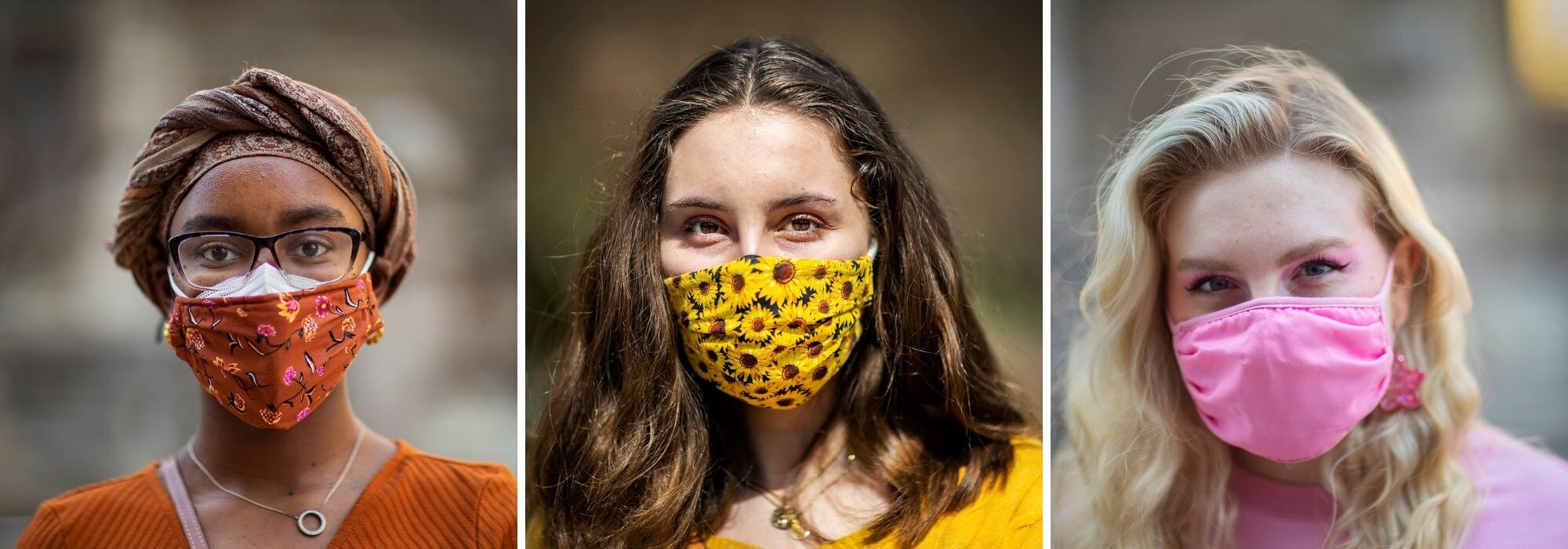 Three headshots of Penn students wearing face masks.