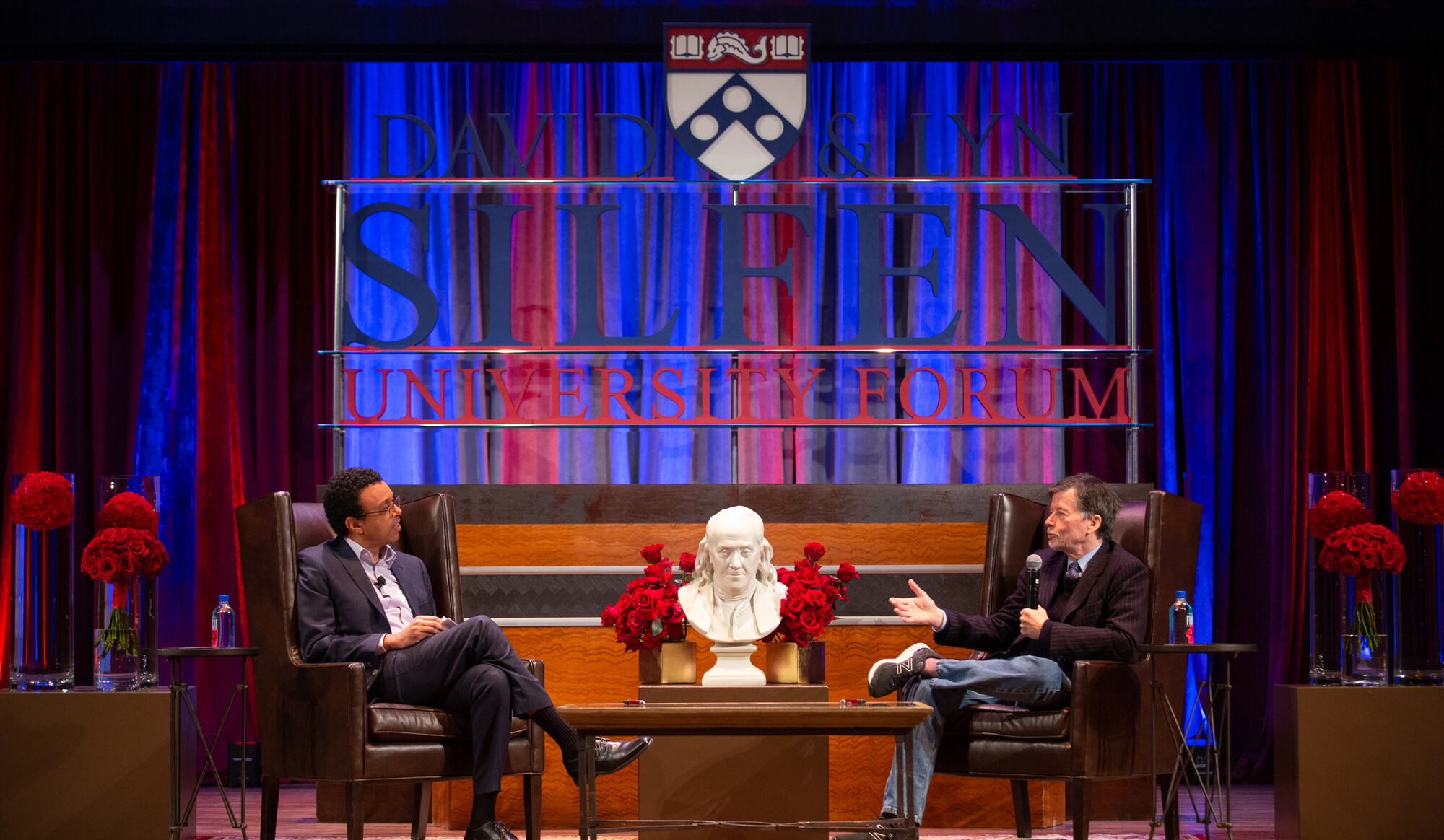 Interim president Wendell Pritchett interviewing Ken Burns.
