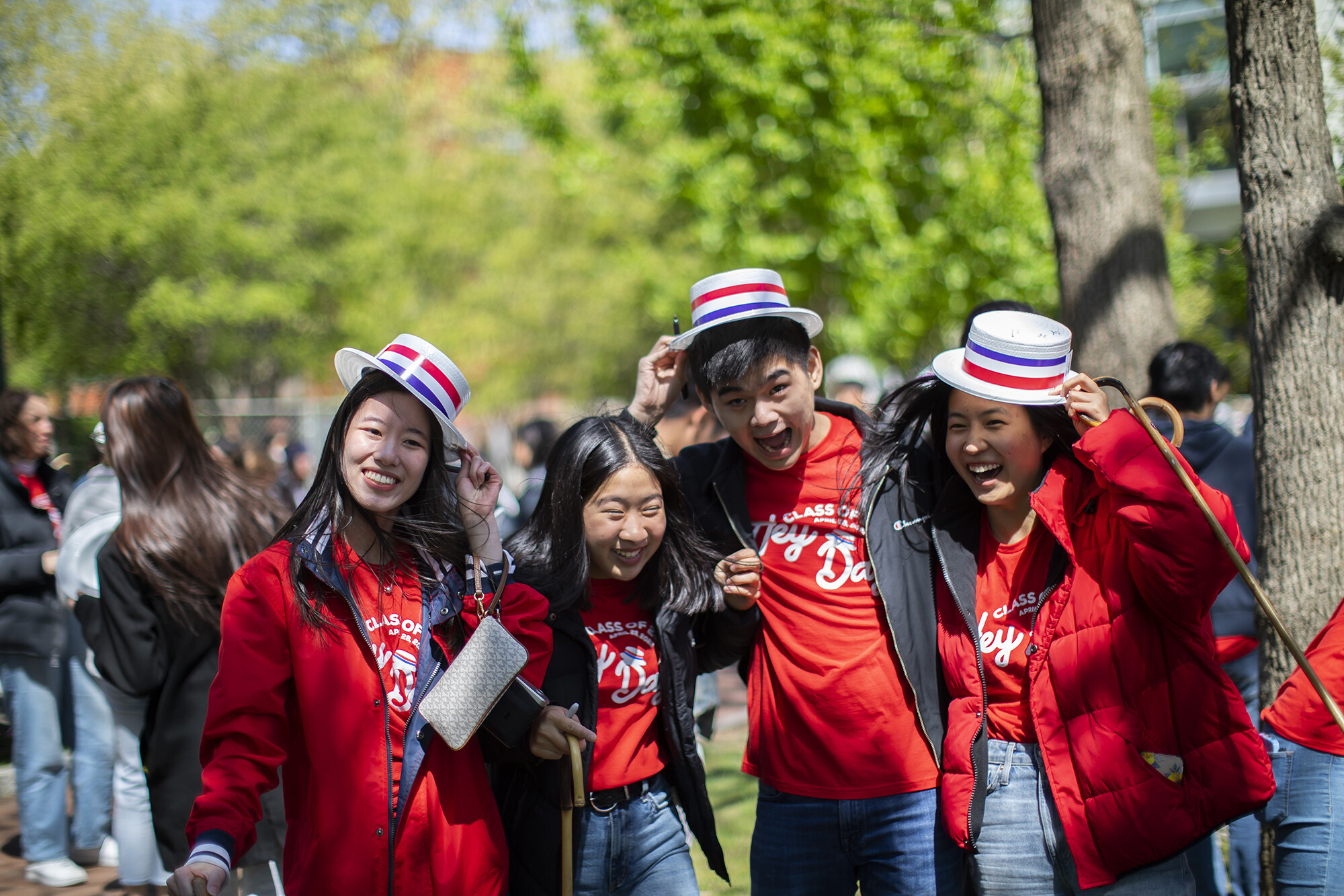 group of four students during hey day, laughing