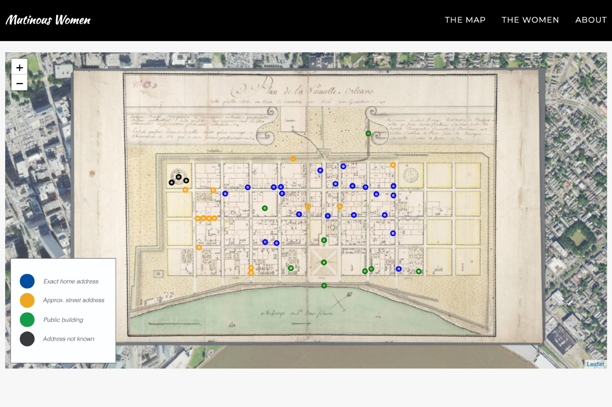 map of 47 blocks in New Orleans marking places where the women prisoners deported from Paris lived